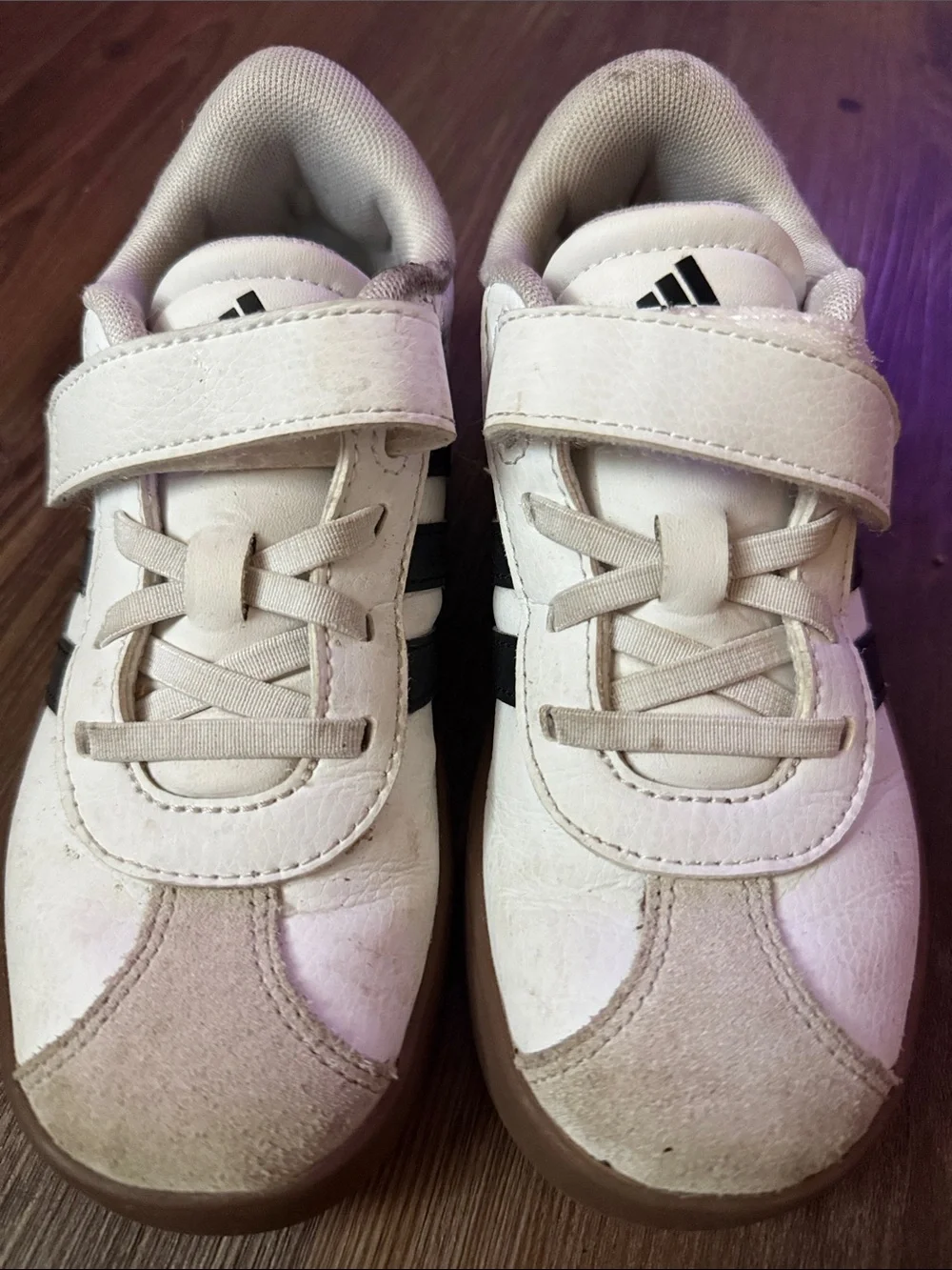 adidas Kids White Sneakers with Black Stripes and Gum Sole